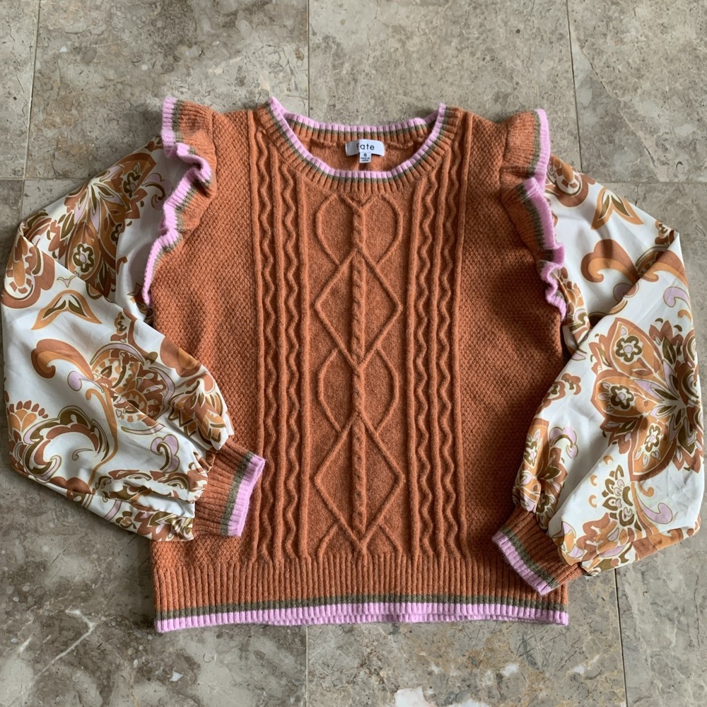 Fate Floral Sweater Top Womens Small Rust Woven Contrast Ruffle Sleeve Romantic